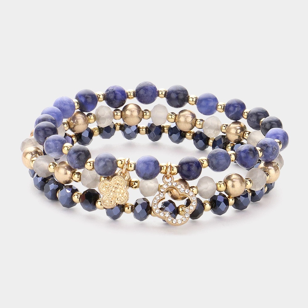 Quatrefoil Charm Faceted Beads Natural Stones Stretch Multi Layered Bracelets